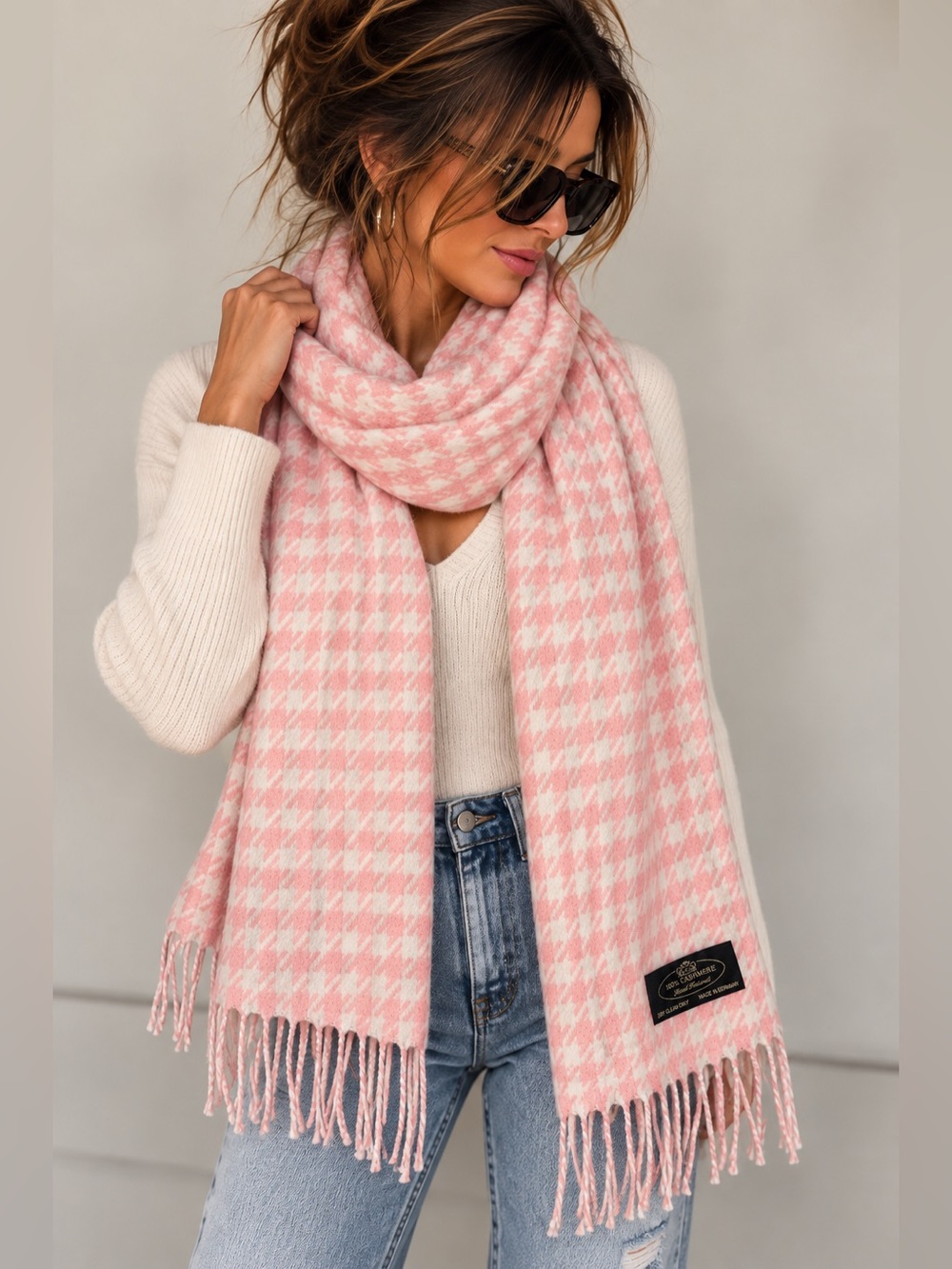 100% Cashmere Scarf Pink Ivory Houndstooth Made in Germany Fringe Quiet Luxury